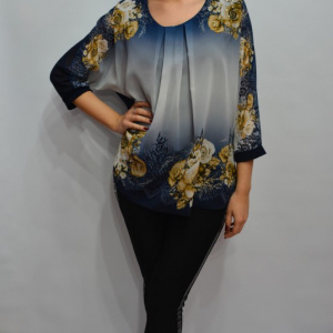 Bluza moderna cu imprimeu de flori si strasuri fine, bleumarin