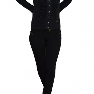 Pantalon cu buzunare apretate, nuanta de negru, fermoar chic