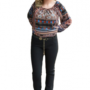 Pantalon lung de culoare neagra cu insertii de piele ecologica
