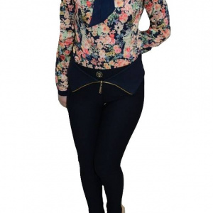 Pantalon usor elastic, nuanta de bleumarin, talie inalta, fermoar
