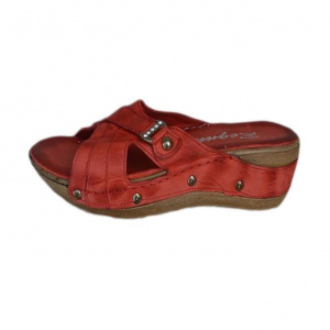 Papuc de vara din piele naturala, rosie, cu aspect marmorat
