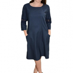 Rochie bleumarin cu design de buline albe si dantela eleganta
