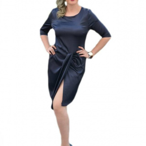 Rochie bleumarin, din saten, cambrata pe silueta