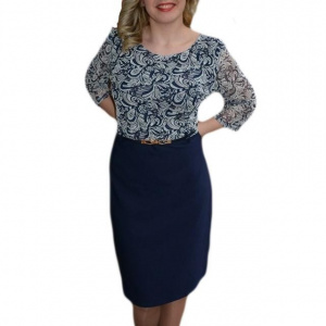Rochie casual, bleumarin cu imprimeu alb si curea ingusta in talie