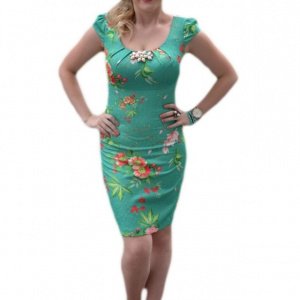 Rochie casual, cu maneca scurta, pe fond turcoaz cu imprimeul floral colorat