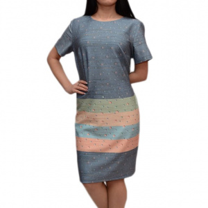 Rochie cu buline si dungi multicolore, maneca scurta, decolteu mic