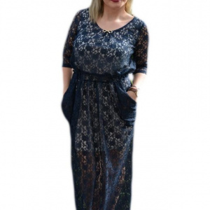 Rochie de ocazie lunga, cu captuseala scurta si dantela bleumarin