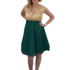Rochie de ocazie verde din tul si dantela deosebita cu fir auriu