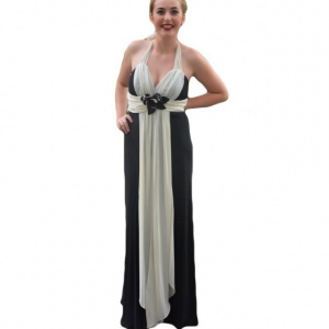 Rochie de seara lunga eleganta, combinatie de negru cu alb, din voal