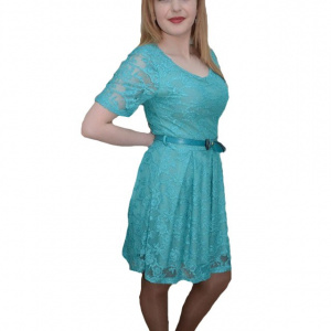 Rochie eleganta din dantela, de nuanta turcoaz, cu croiala lejera