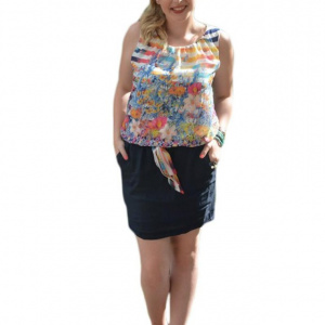 Rochie feminina,cu imprimeu si fusta din in, bleumarin