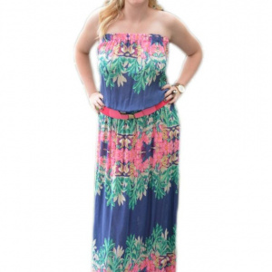 Rochie maxi, fara bretele, imprimeuri florale