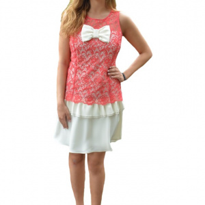 Rochie Michaela din dantela ,nuanta alb-roz