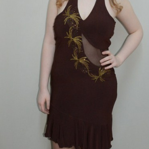 Rochie rafinata de gala, maro, cu insertie de material transparent