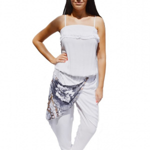 Salopeta cu design deosebit, de culoare alba cu bleumarin