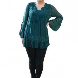 Bluza Amalia cu insertii de broderie si decolteu in V ,nuanta de verde