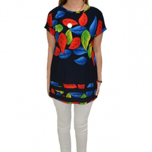 Bluza casual, cu imprimeu de frunze multicolor, pe fundal bleumarin