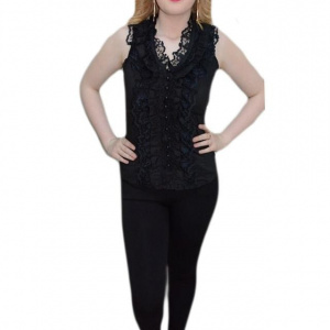 Bluza casual fara maneca, culoare neagra, cu dantela si volane