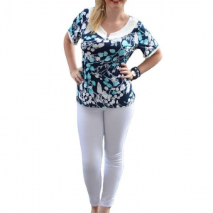 Bluza cu maneca scurta, de culoare bleumarin cu design turcoaz