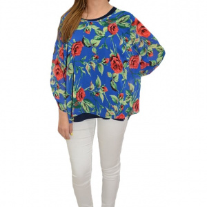 Bluza dama, din voal, in nuanta de albastru, cu design floral