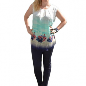 Bluza de vara fara maneci, culoare alba cu imprimeu bleumarin