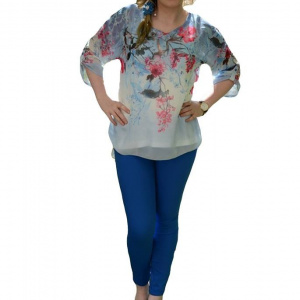 Bluza de vara masura mare, culoare bleumarin cu flori roz