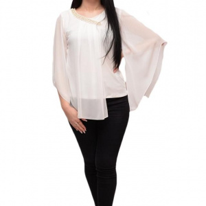 Bluza fashion cu voal si aplicatii de voal simplu, asimetric, alb