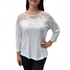 Bluza trendy cu maneca trei-sferturi si decolteu rotund, alba
