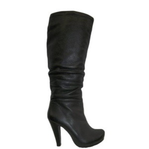 Cizma feminina cu toc inalt, stabil, cu fronseuri, negra, bej