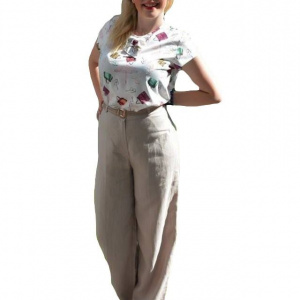 Pantalon lung, confortabil cu croi larg pe picior, din bumbac bej