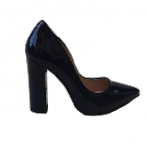 Pantof fashion cu toc gros, stabil, piele lacuita nuanta bleumarin