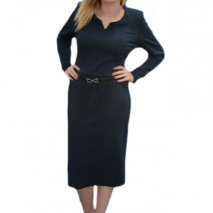 Rochie bleumarin din material gros, cu detalii din piele ecologica
