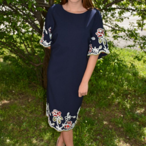 Rochie casual cu maneca scurta si decolteu mic, nuanta bleumarin