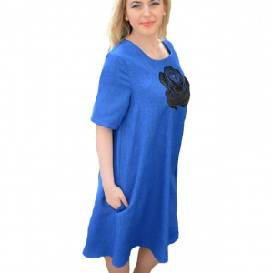 Rochie casual de culoare albastra, model evazat cu buzunare