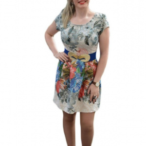 Rochie casual din material usor lucios cu imprimeu floral colorat