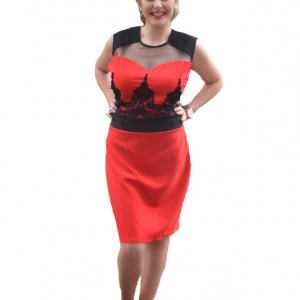 Rochie de ocazie, rosie, masuri mari, cu decolteu la baza gatului