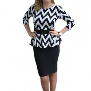 Rochie de ocazie tip costum cu elastic si peplum in talie, negru-alb
