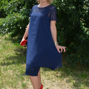 Rochie de ocazie, vaporoasa, din voal si dantela bleumarin