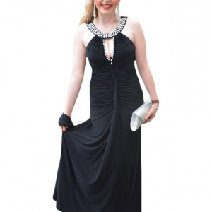 Rochie de seara lunga, rafinata din jerse fin, de culoare negra cu mergele