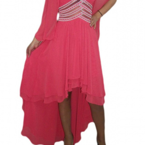 Rochie deosebita, pentru ocazii speciale, asimetrica, pe nuanta de corai