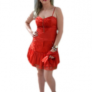 Rochie din doua piese, de culoare rosie, din saten si dantela