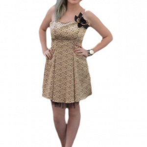 Rochie din saten bej cu buline maro, model elegant
