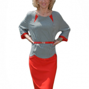 Rochie eleganta cu peplum, cu design pepit si partea de jos rosie