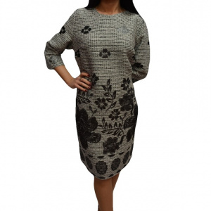 Rochie practica de zi, de culoare gri deschis cu imprimeu floral