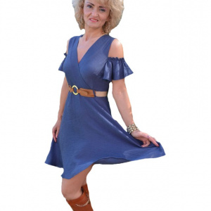 Rochie rafinata de vara, bleumarin, cu maneca crapata la umar