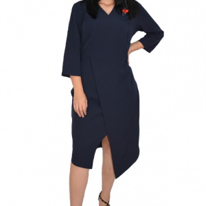 Rochie rafinata Mila cu crepeu in fata,model asimetric,nuanta bleumarin