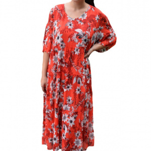 Rochie vaporoasa Nadina de zi,imprimeu floral,nuanta de rosu