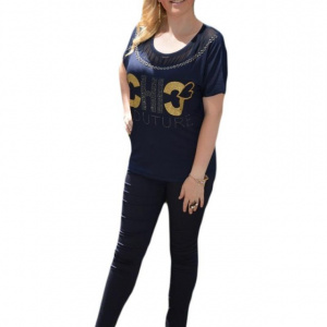 Tricou chic de primavara-vara, nuanta bleumarin cu imprimeu
