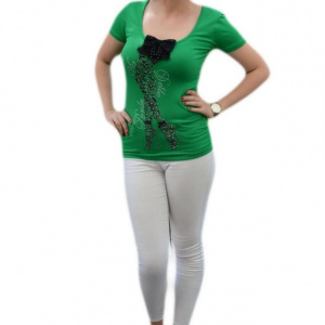 Tricou cu maneca scurta, verde cu insertie de strasuri si margele