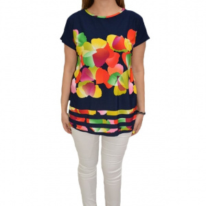 Bluza casual, cu imprimeu multicolor, pe fundal bleumarin